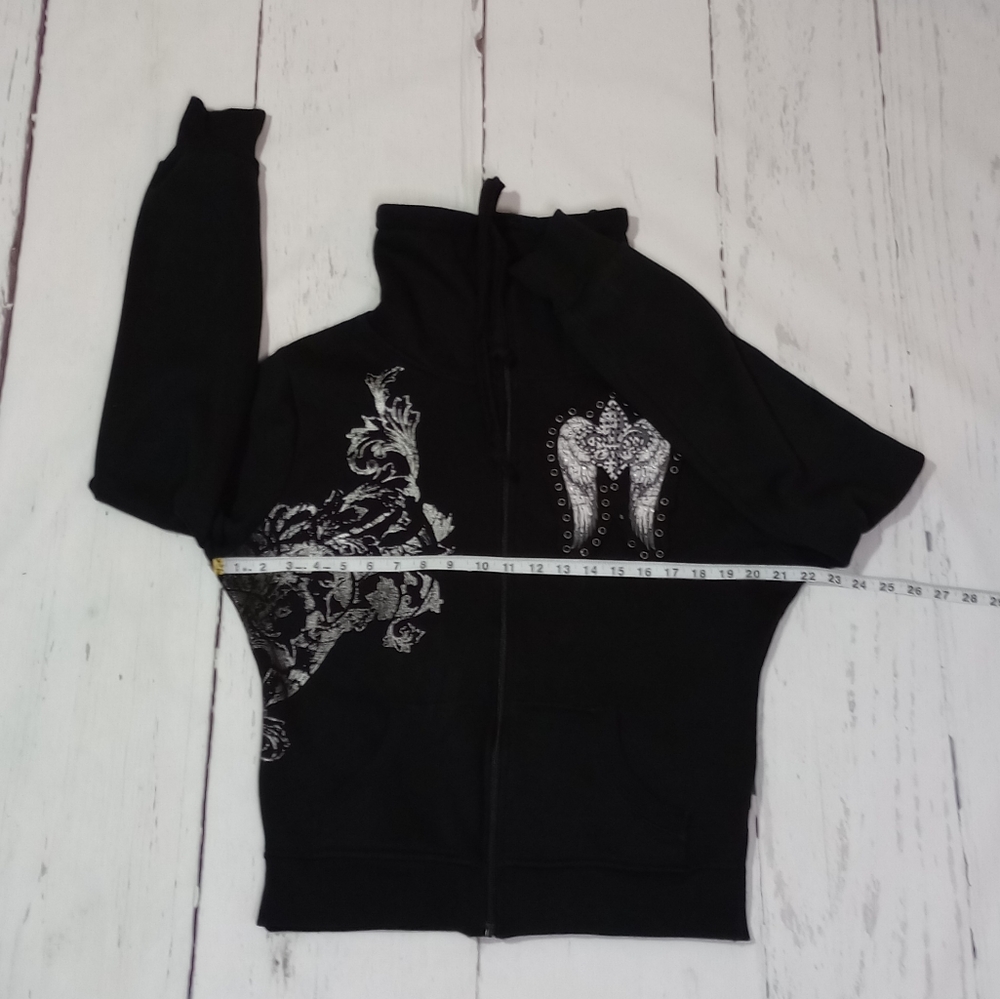 SOHO BABE Black Cowl Neck Full Zip Silver Fleur De Lis Sweatshirt L - Picture 3 of 17